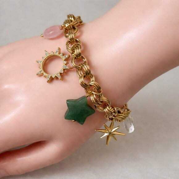 Luna Norte Toggle Brass Bracelet Gold Color w Green and Pink Stones Accents